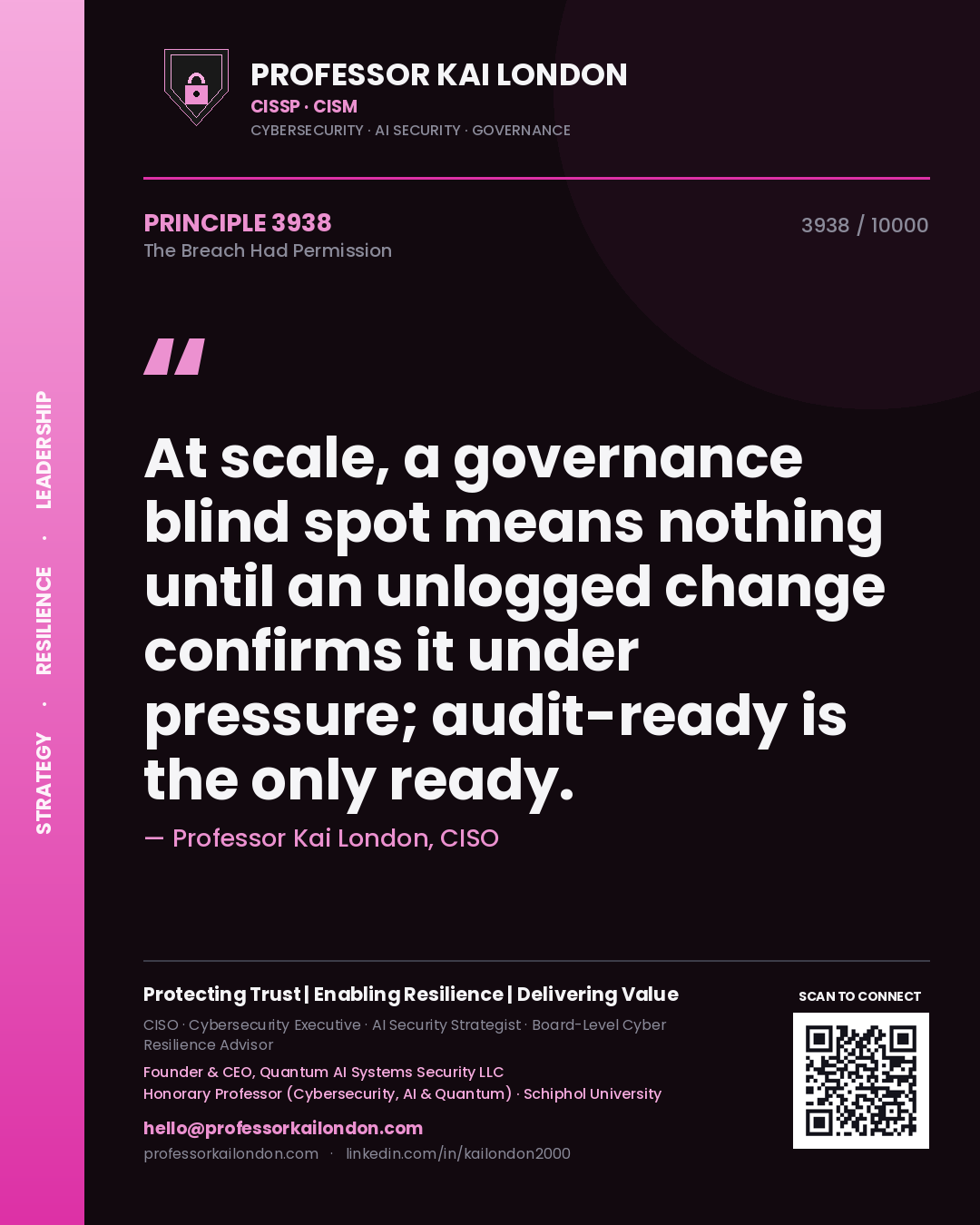 Quote card by Professor Kai London reading 'At scale, a governance blind spot means nothing until an unlogged change confirms it under pressure; audit-ready is the only ready.'. From the book The Breach Had Permission.