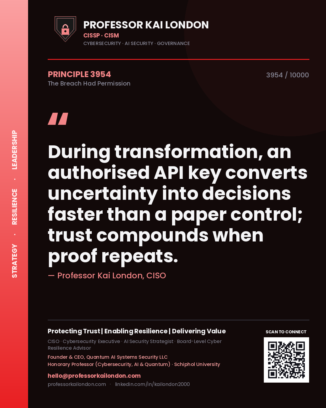 Quote card by Professor Kai London reading 'During transformation, an authorised API key converts uncertainty into decisions faster than a paper control; trust compounds when proof repeats.'. From the book The Breach Had Permission.
