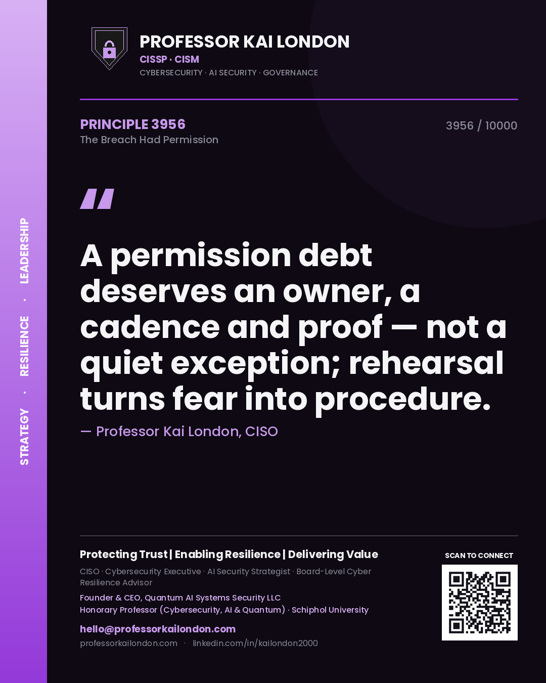 Professor Kai London principle 3956: A permission debt deserves an owner, a cadence and proof — not a quiet exception; rehearsal turns fear into procedure.