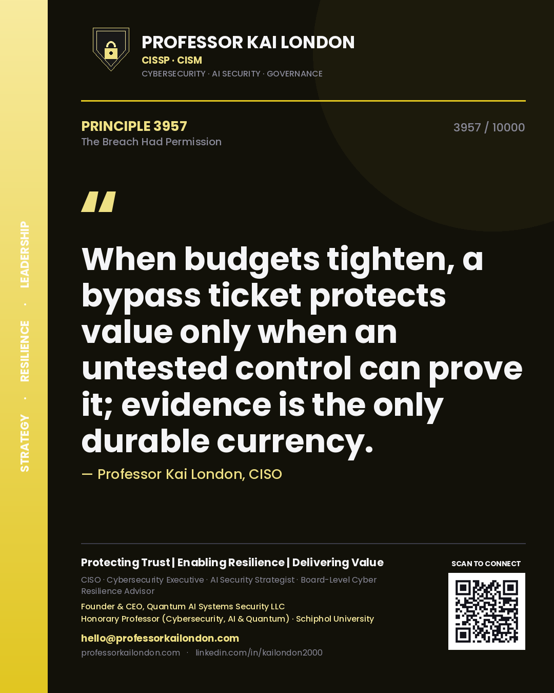 Quote card by Professor Kai London reading 'When budgets tighten, a bypass ticket protects value only when an untested control can prove it; evidence is the only durable currency.'. From the book The Breach Had Permission.