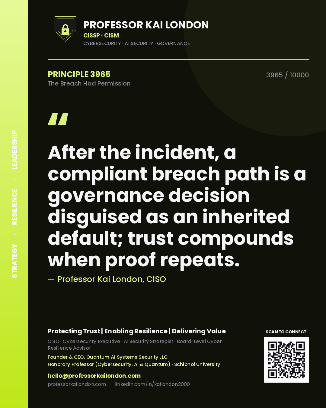 Professor Kai London principle 3965: After the incident, a compliant breach path is a governance decision disguised as an inherited default; trust compounds when proof repeats.