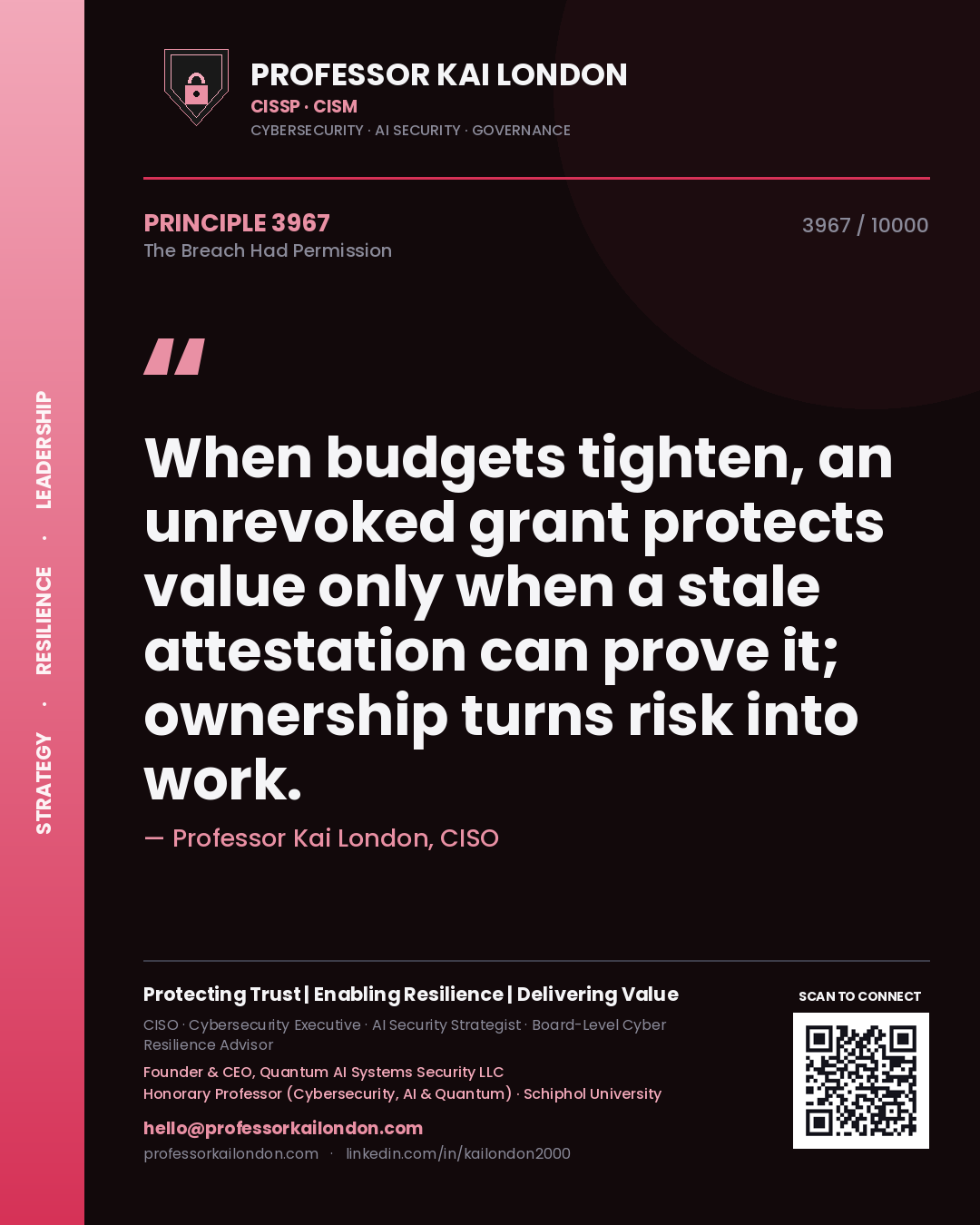 Professor Kai London principle 3967: When budgets tighten, an unrevoked grant protects value only when a stale attestation can prove it; ownership turns risk into work.