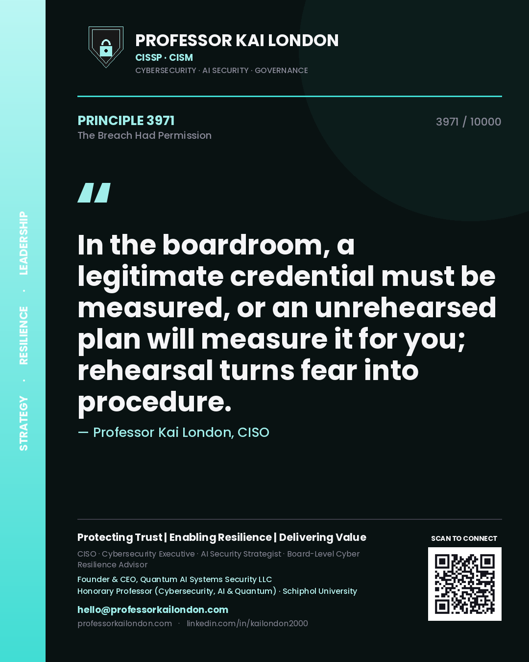 Quote card by Professor Kai London reading 'In the boardroom, a legitimate credential must be measured, or an unrehearsed plan will measure it for you; rehearsal turns fear into procedure.'. From the book The Breach Had Permission.