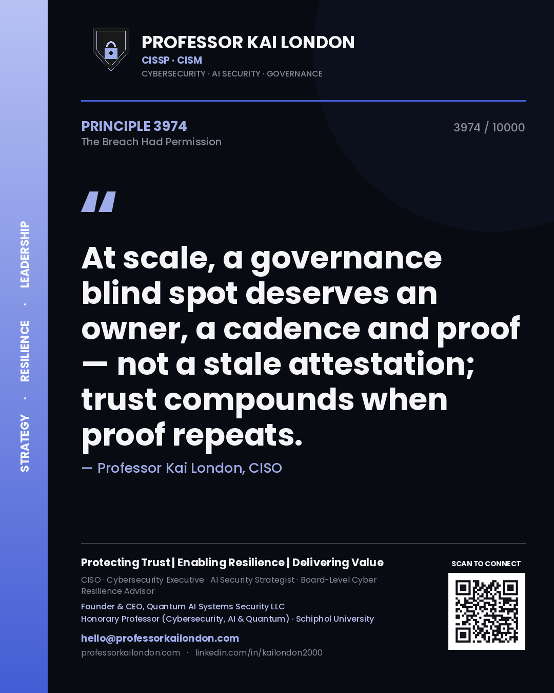 Quote card by Professor Kai London reading 'At scale, a governance blind spot deserves an owner, a cadence and proof — not a stale attestation; trust compounds when proof repeats.'. From the book The Breach Had Permission.