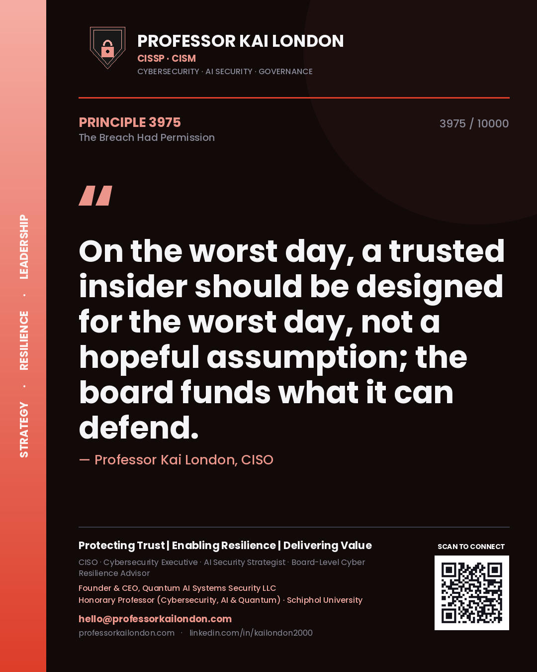 Professor Kai London principle 3975: On the worst day, a trusted insider should be designed for the worst day, not a hopeful assumption; the board funds what it can defend.