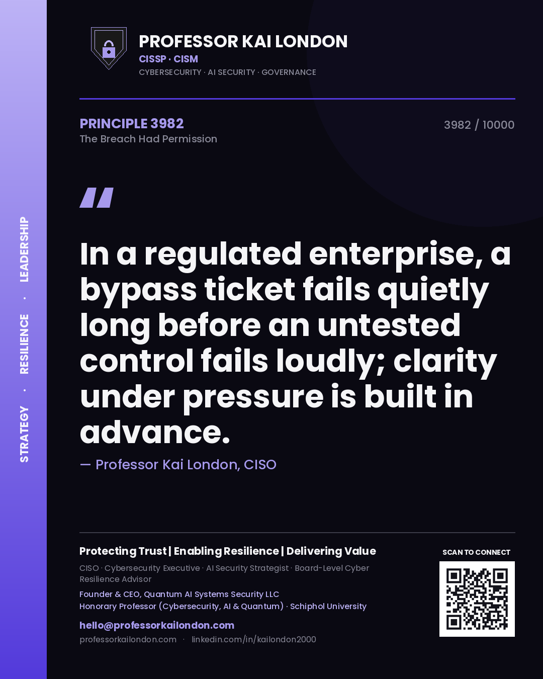 Quote card by Professor Kai London reading 'In a regulated enterprise, a bypass ticket fails quietly long before an untested control fails loudly; clarity under pressure is built in advance.'. From the book The Breach Had Permission.