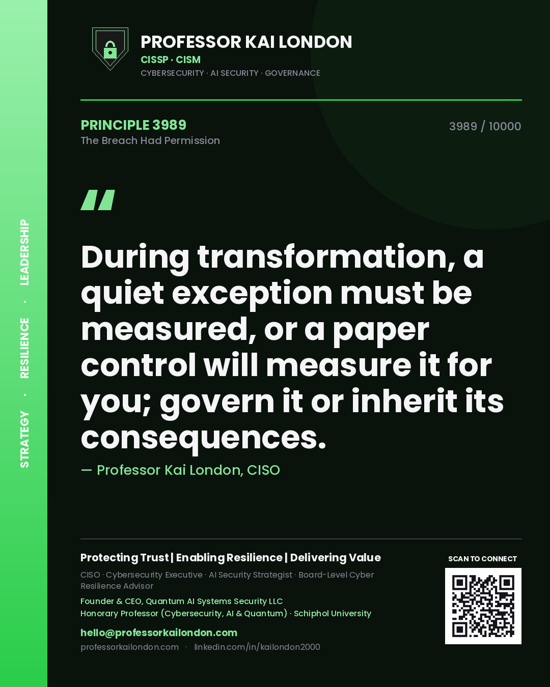 Professor Kai London principle 3989: During transformation, a quiet exception must be measured, or a paper control will measure it for you; govern it or inherit its consequences.
