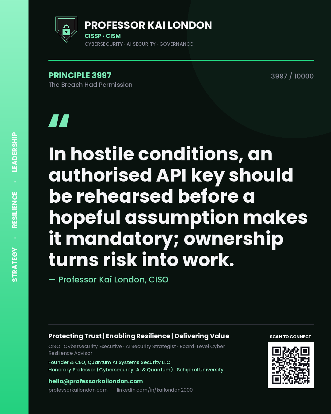 Quote card by Professor Kai London reading 'In hostile conditions, an authorised API key should be rehearsed before a hopeful assumption makes it mandatory; ownership turns risk into work.'. From the book The Breach Had Permission.