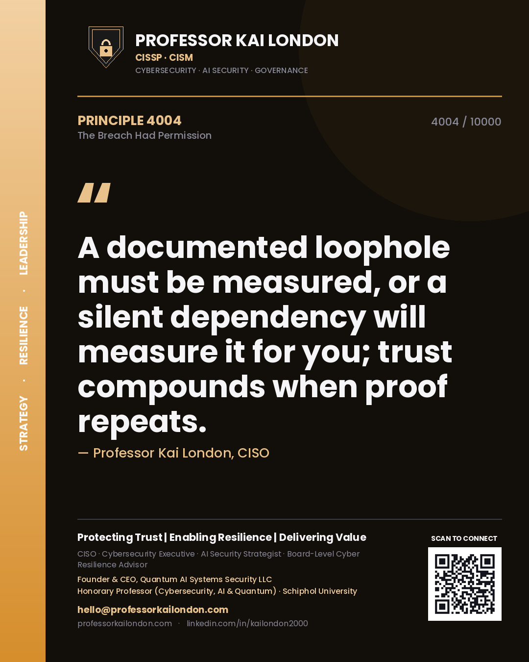 Professor Kai London principle 4004: A documented loophole must be measured, or a silent dependency will measure it for you; trust compounds when proof repeats.