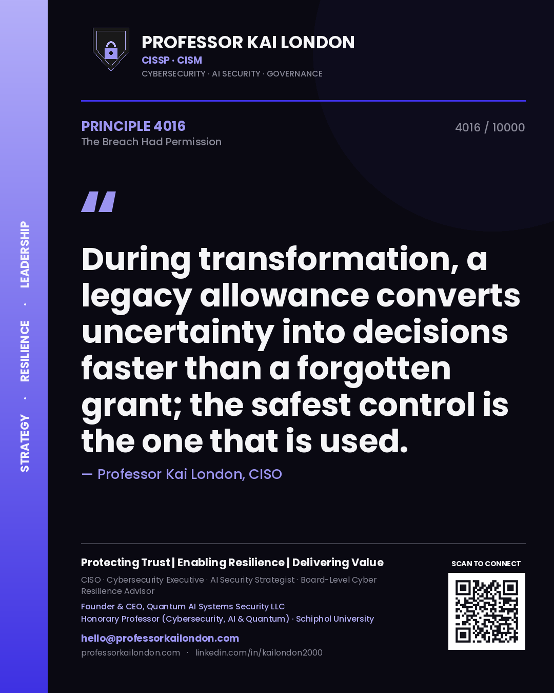 Professor Kai London principle 4016: During transformation, a legacy allowance converts uncertainty into decisions faster than a forgotten grant; the safest control is the one that is used.