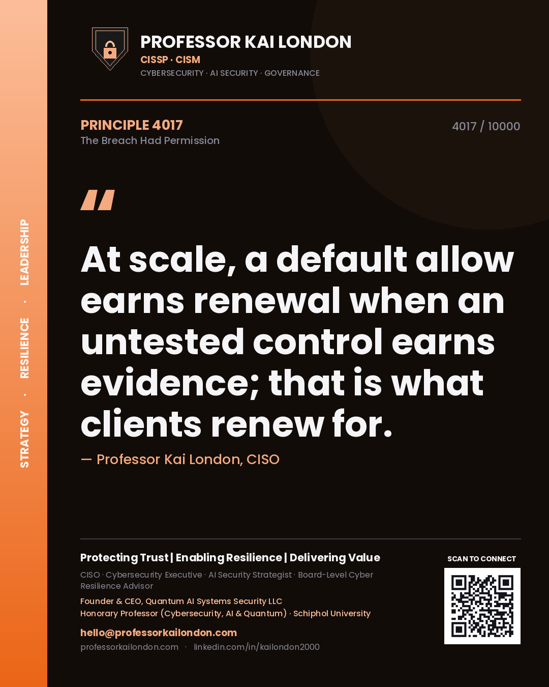 Quote card by Professor Kai London reading 'At scale, a default allow earns renewal when an untested control earns evidence; that is what clients renew for.'. From the book The Breach Had Permission.