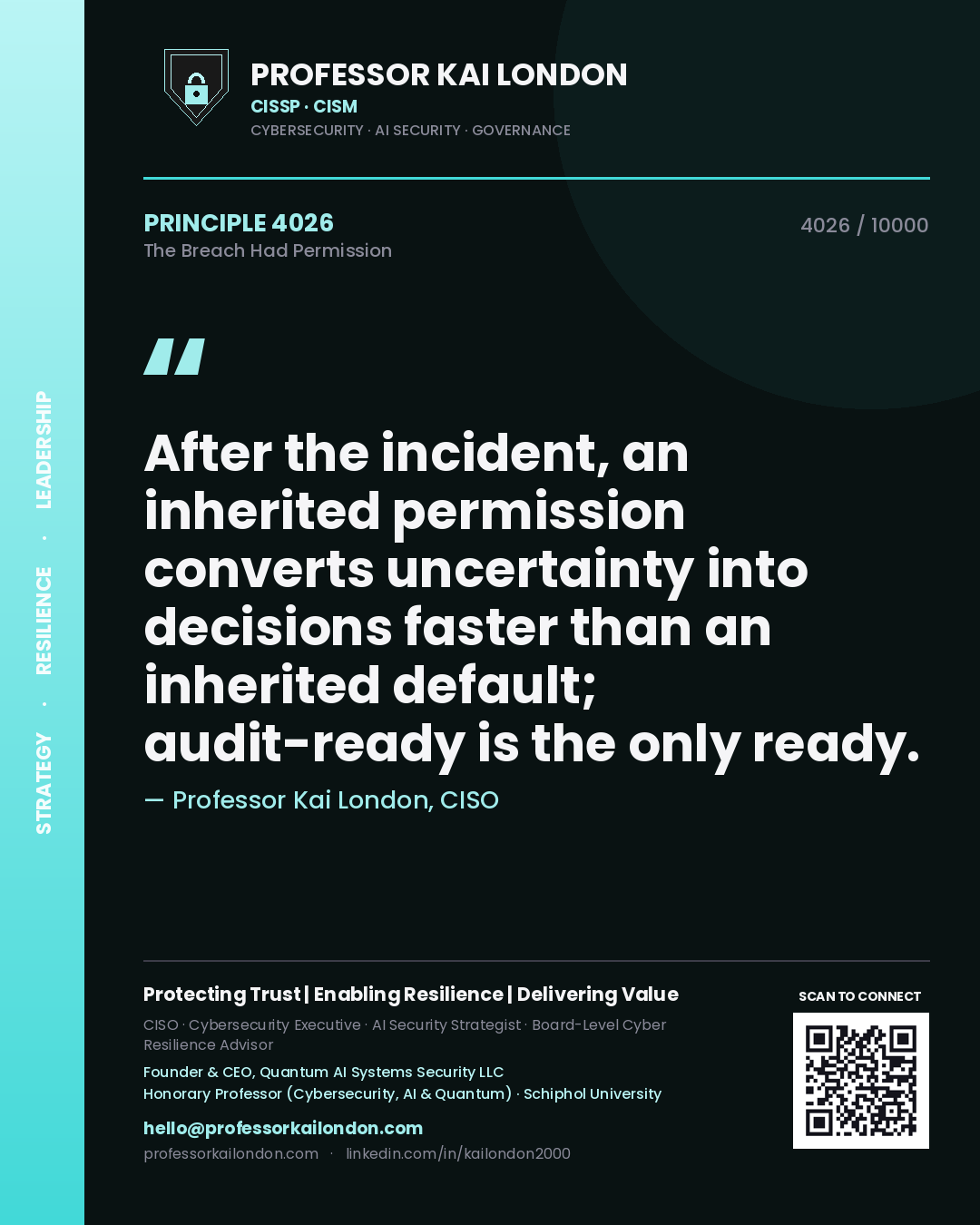 Professor Kai London principle 4026: After the incident, an inherited permission converts uncertainty into decisions faster than an inherited default; audit-ready is the only ready.