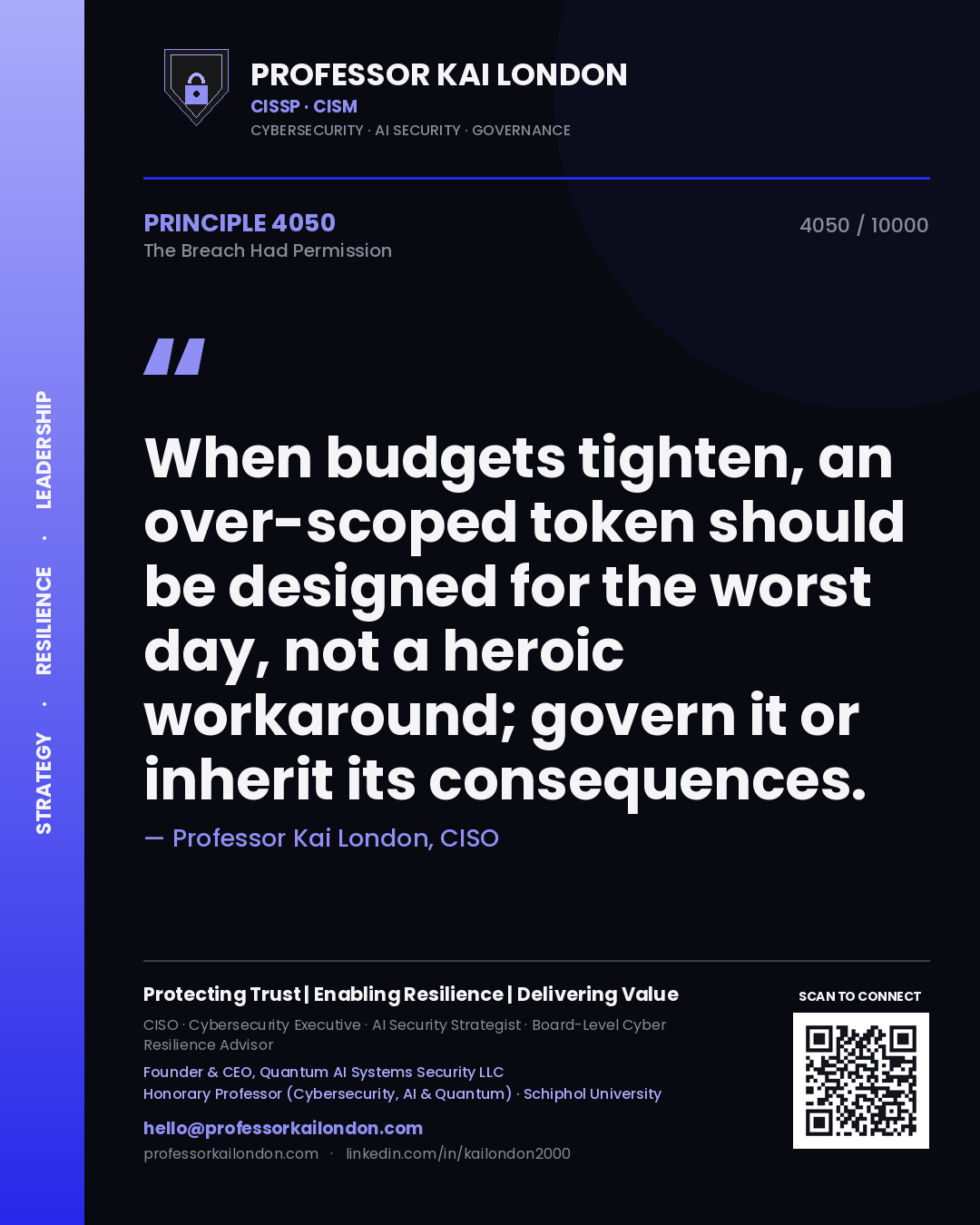 Quote card by Professor Kai London reading 'When budgets tighten, an over-scoped token should be designed for the worst day, not a heroic workaround; govern it or inherit its consequences.'. From the book The Breach Had Permission.