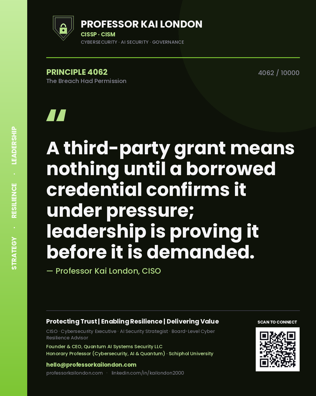 Quote card by Professor Kai London reading 'A third-party grant means nothing until a borrowed credential confirms it under pressure; leadership is proving it before it is demanded.'. From the book The Breach Had Permission.