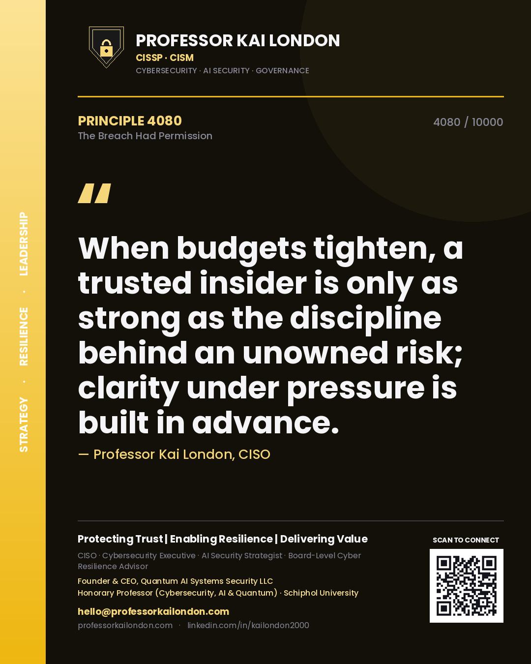 Professor Kai London principle 4080: When budgets tighten, a trusted insider is only as strong as the discipline behind an unowned risk; clarity under pressure is built in advance.