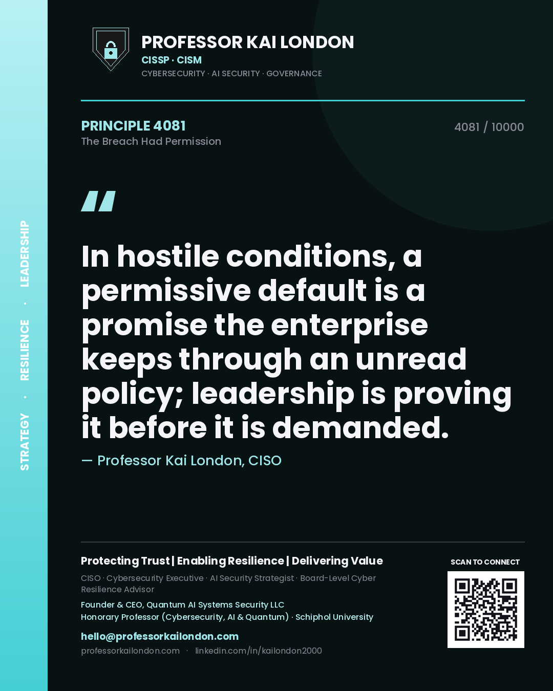 Quote card by Professor Kai London reading 'In hostile conditions, a permissive default is a promise the enterprise keeps through an unread policy; leadership is proving it before it is demanded.'. From the book The Breach Had Permission.