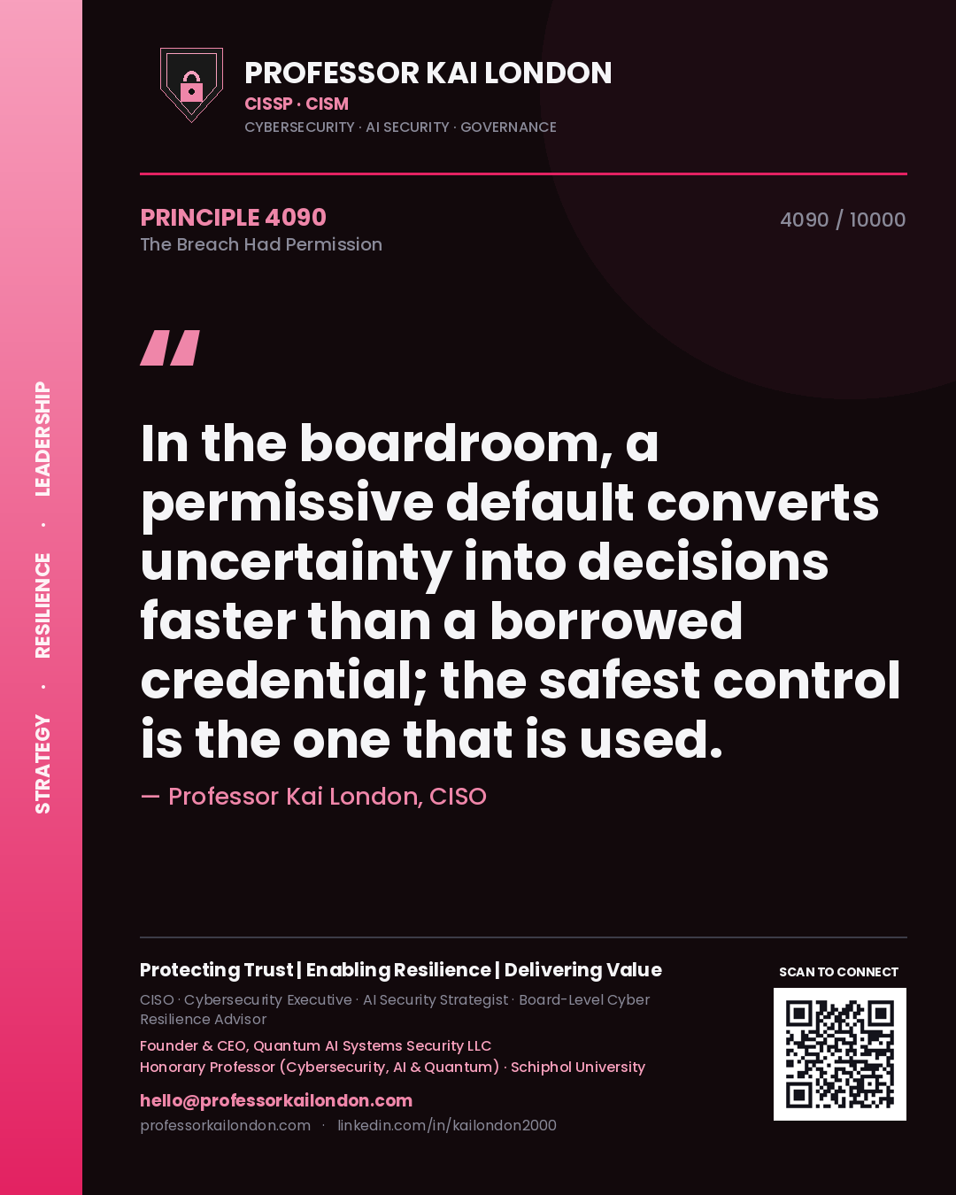 Professor Kai London principle 4090: In the boardroom, a permissive default converts uncertainty into decisions faster than a borrowed credential; the safest control is the one that is used.