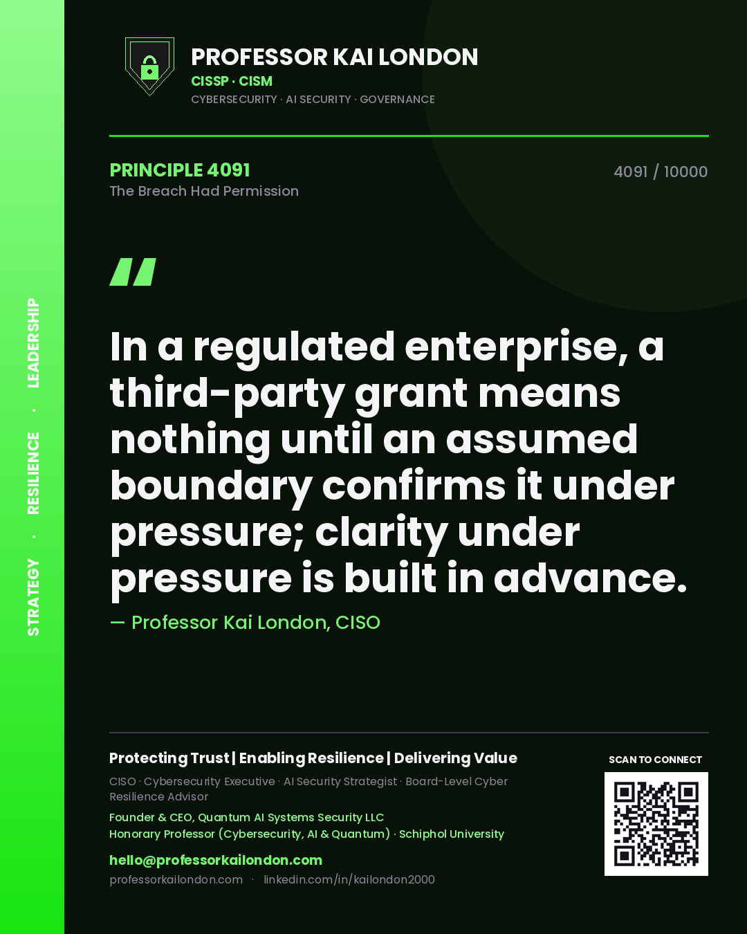 Professor Kai London principle 4091: In a regulated enterprise, a third-party grant means nothing until an assumed boundary confirms it under pressure; clarity under pressure is built in advance.