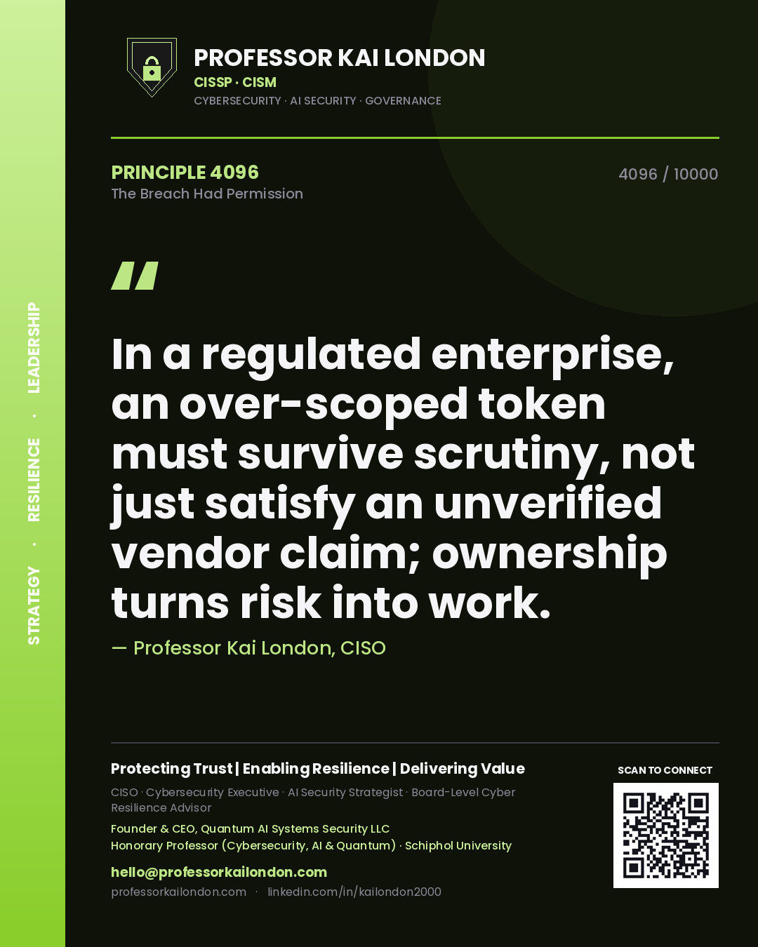 Quote card by Professor Kai London reading 'In a regulated enterprise, an over-scoped token must survive scrutiny, not just satisfy an unverified vendor claim; ownership turns risk into work.'. From the book The Breach Had Permission.