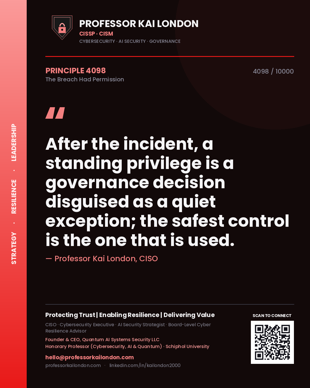 Quote card by Professor Kai London reading 'After the incident, a standing privilege is a governance decision disguised as a quiet exception; the safest control is the one that is used.'. From the book The Breach Had Permission.