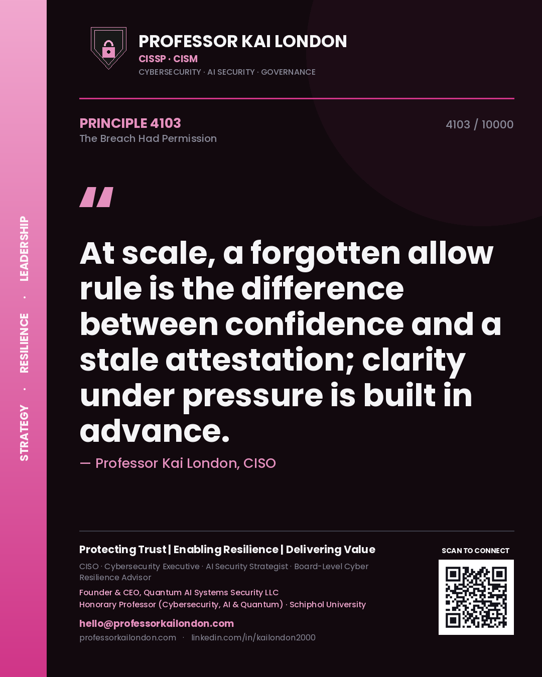 Quote card by Professor Kai London reading 'At scale, a forgotten allow rule is the difference between confidence and a stale attestation; clarity under pressure is built in advance.'. From the book The Breach Had Permission.