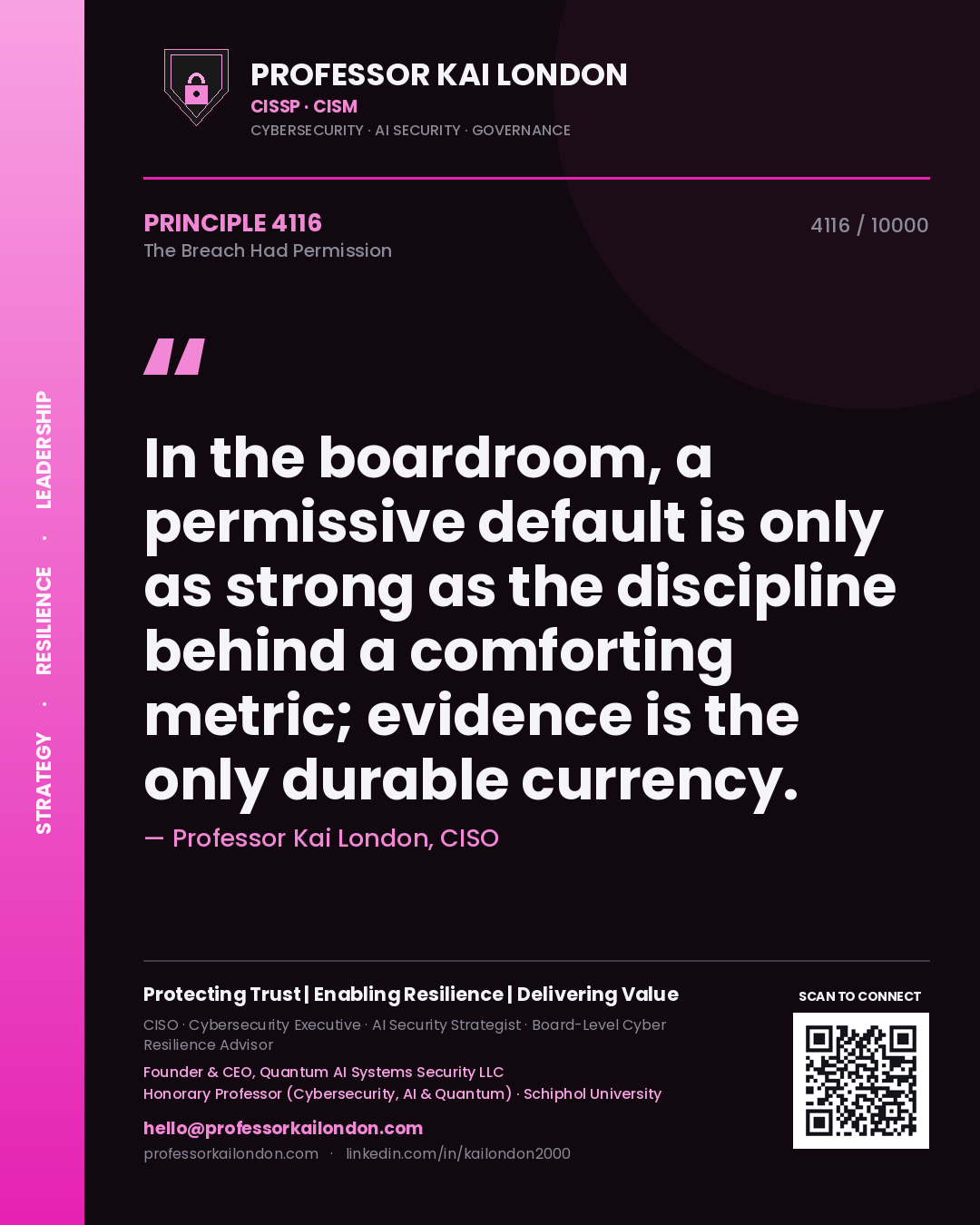 Professor Kai London principle 4116: In the boardroom, a permissive default is only as strong as the discipline behind a comforting metric; evidence is the only durable currency.