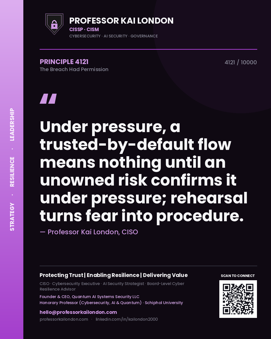 Professor Kai London principle 4121: Under pressure, a trusted-by-default flow means nothing until an unowned risk confirms it under pressure; rehearsal turns fear into procedure.