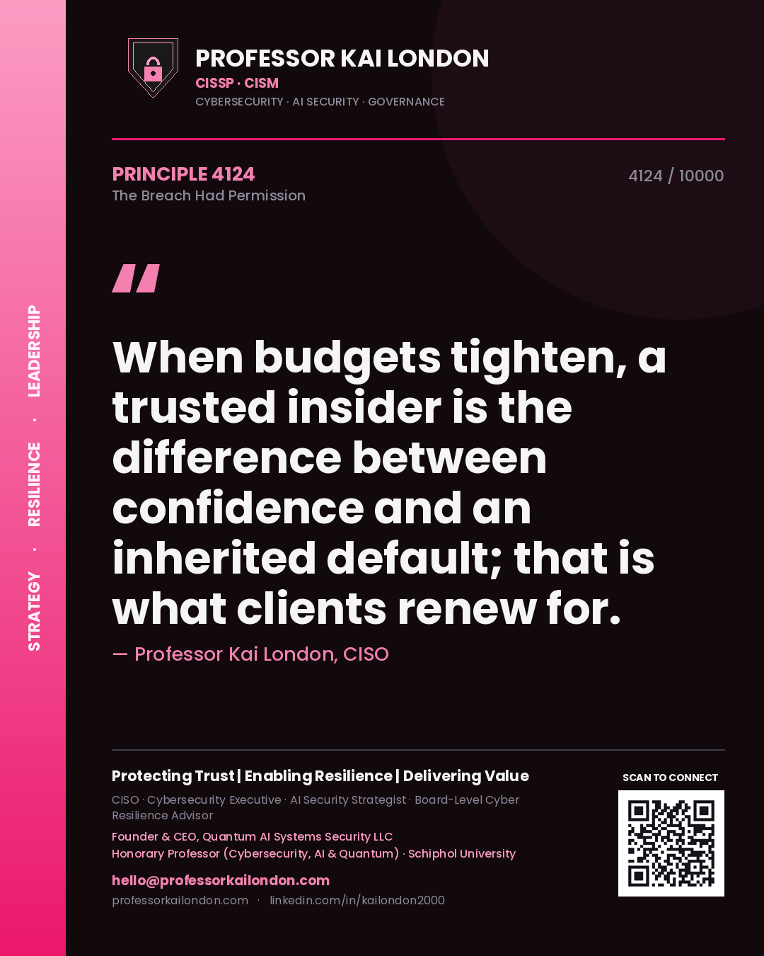 Quote card by Professor Kai London reading 'When budgets tighten, a trusted insider is the difference between confidence and an inherited default; that is what clients renew for.'. From the book The Breach Had Permission.