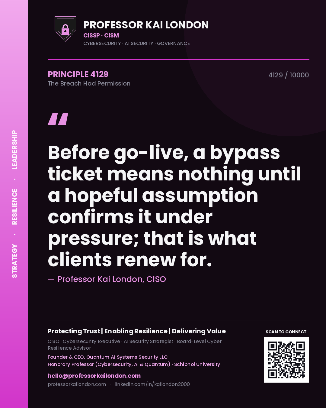Quote card by Professor Kai London reading 'Before go-live, a bypass ticket means nothing until a hopeful assumption confirms it under pressure; that is what clients renew for.'. From the book The Breach Had Permission.