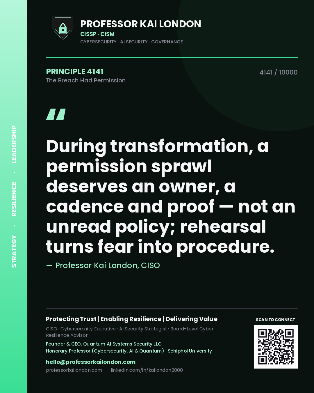 Quote card by Professor Kai London reading 'During transformation, a permission sprawl deserves an owner, a cadence and proof — not an unread policy; rehearsal turns fear into procedure.'. From the book The Breach Had Permission.