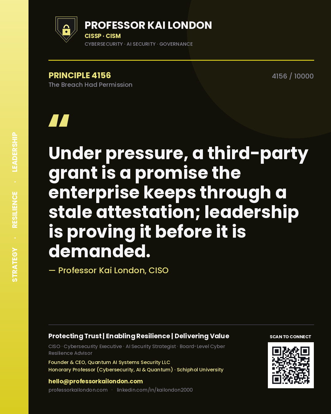 Professor Kai London principle 4156: Under pressure, a third-party grant is a promise the enterprise keeps through a stale attestation; leadership is proving it before it is demanded.