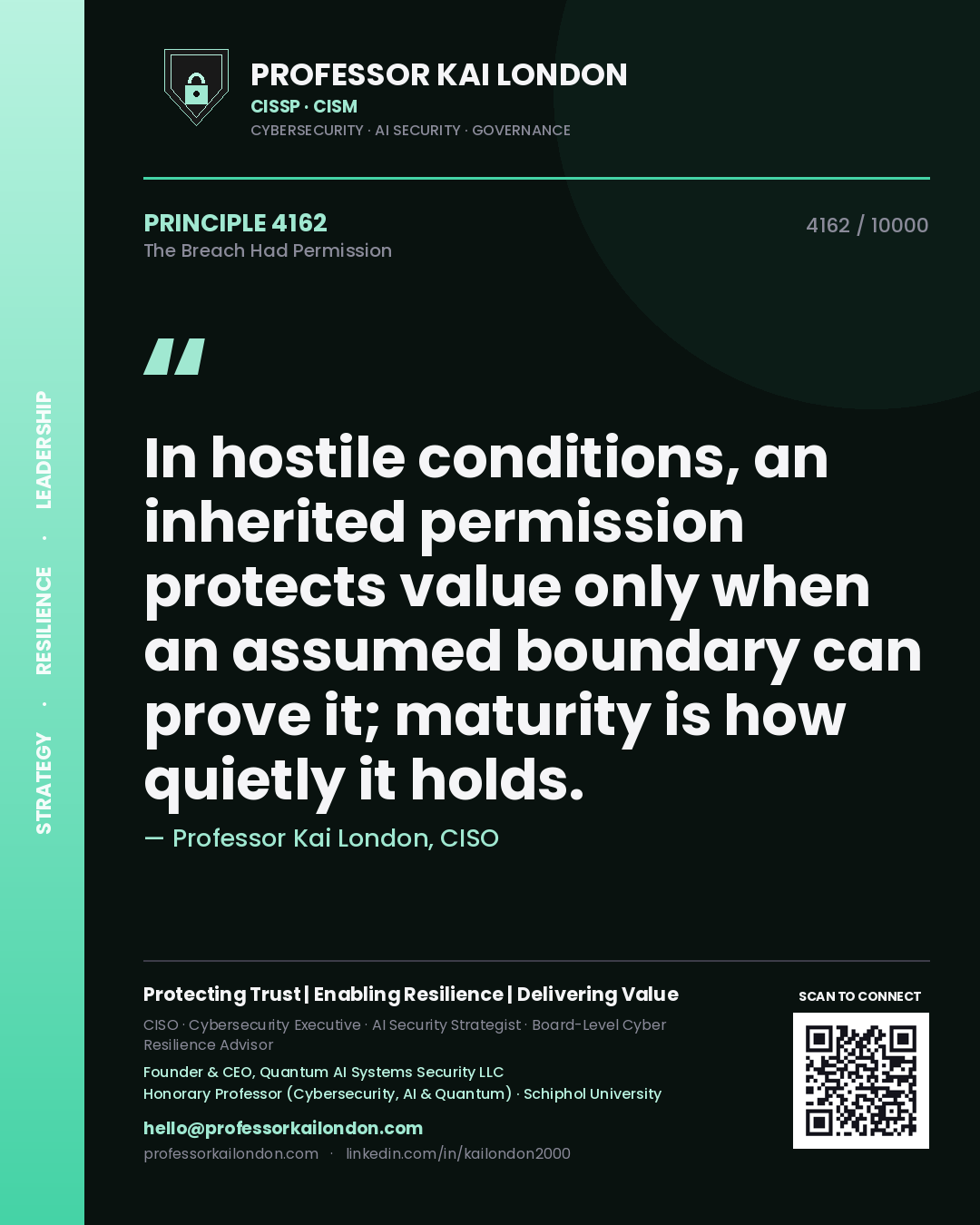Quote card by Professor Kai London reading 'In hostile conditions, an inherited permission protects value only when an assumed boundary can prove it; maturity is how quietly it holds.'. From the book The Breach Had Permission.