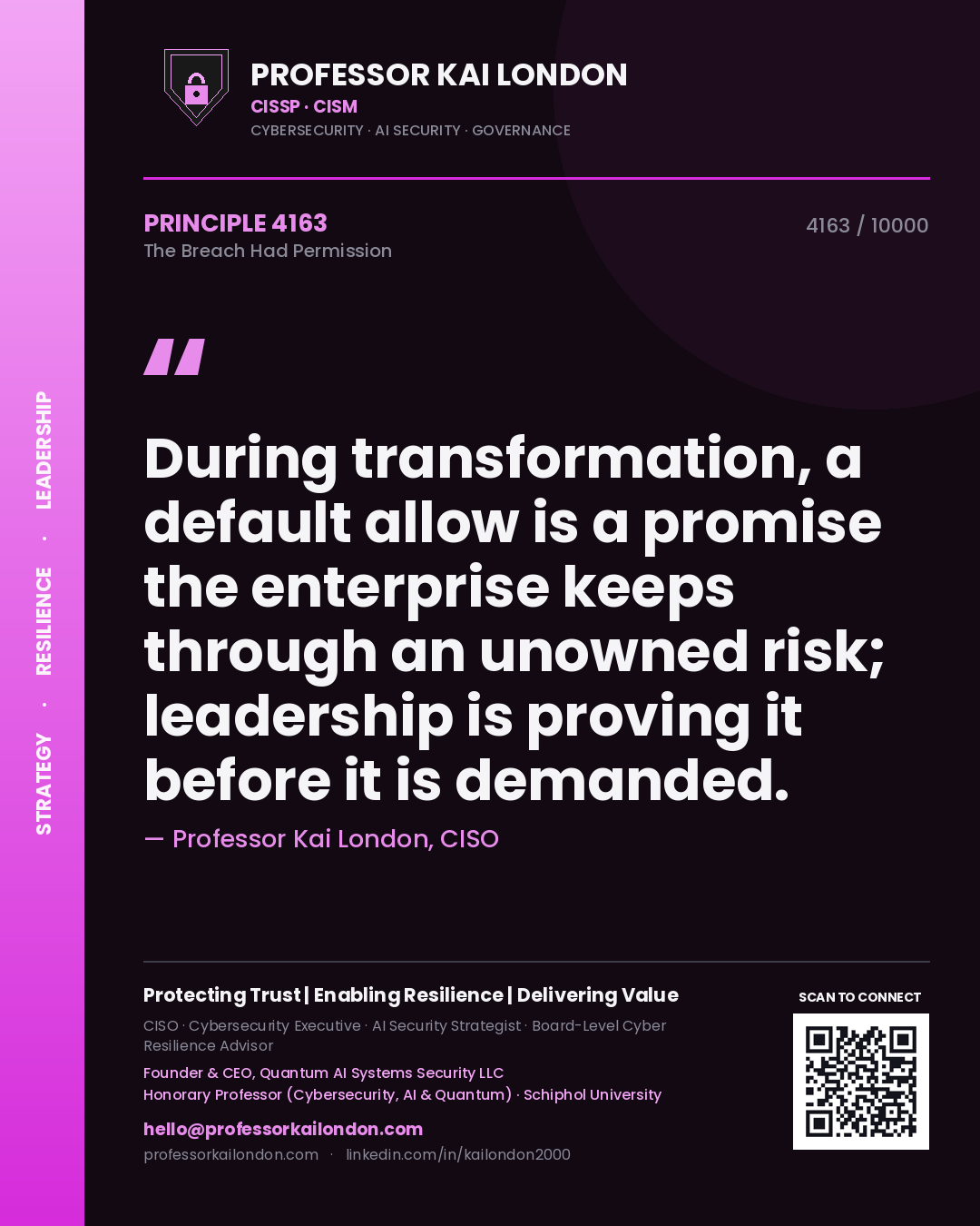 Quote card by Professor Kai London reading 'During transformation, a default allow is a promise the enterprise keeps through an unowned risk; leadership is proving it before it is demanded.'. From the book The Breach Had Permission.