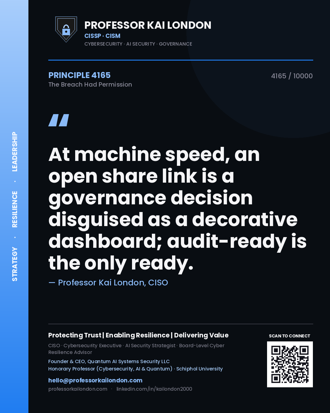 Quote card by Professor Kai London reading 'At machine speed, an open share link is a governance decision disguised as a decorative dashboard; audit-ready is the only ready.'. From the book The Breach Had Permission.