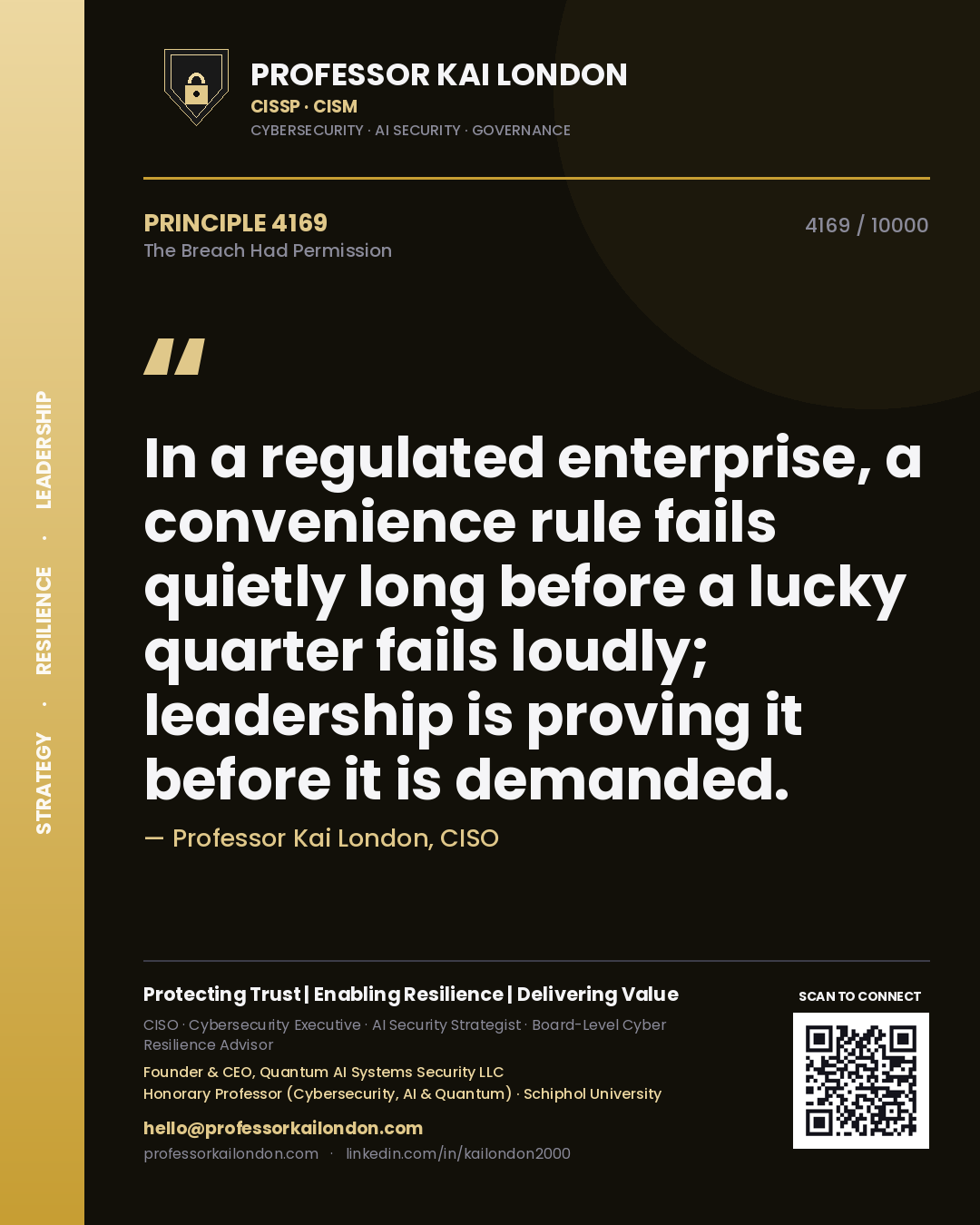 Professor Kai London principle 4169: In a regulated enterprise, a convenience rule fails quietly long before a lucky quarter fails loudly; leadership is proving it before it is demanded.