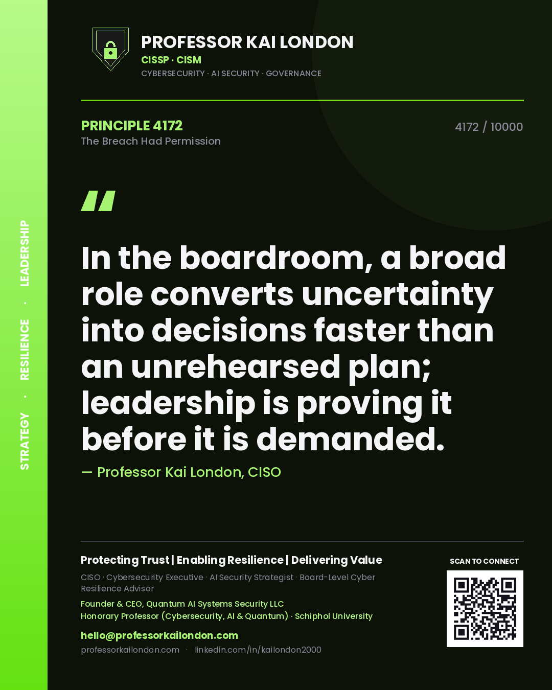 Quote card by Professor Kai London reading 'In the boardroom, a broad role converts uncertainty into decisions faster than an unrehearsed plan; leadership is proving it before it is demanded.'. From the book The Breach Had Permission.