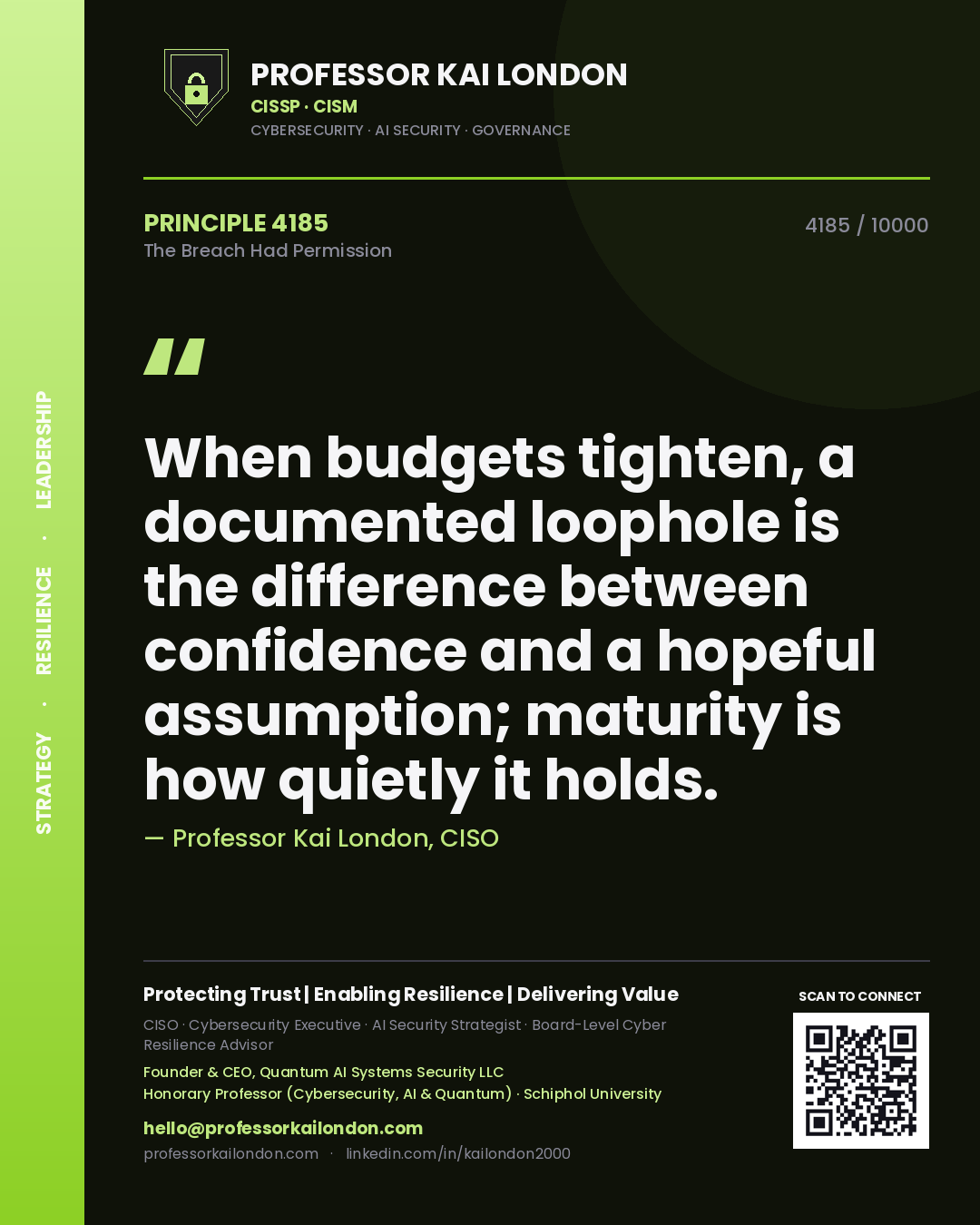 Quote card by Professor Kai London reading 'When budgets tighten, a documented loophole is the difference between confidence and a hopeful assumption; maturity is how quietly it holds.'. From the book The Breach Had Permission.