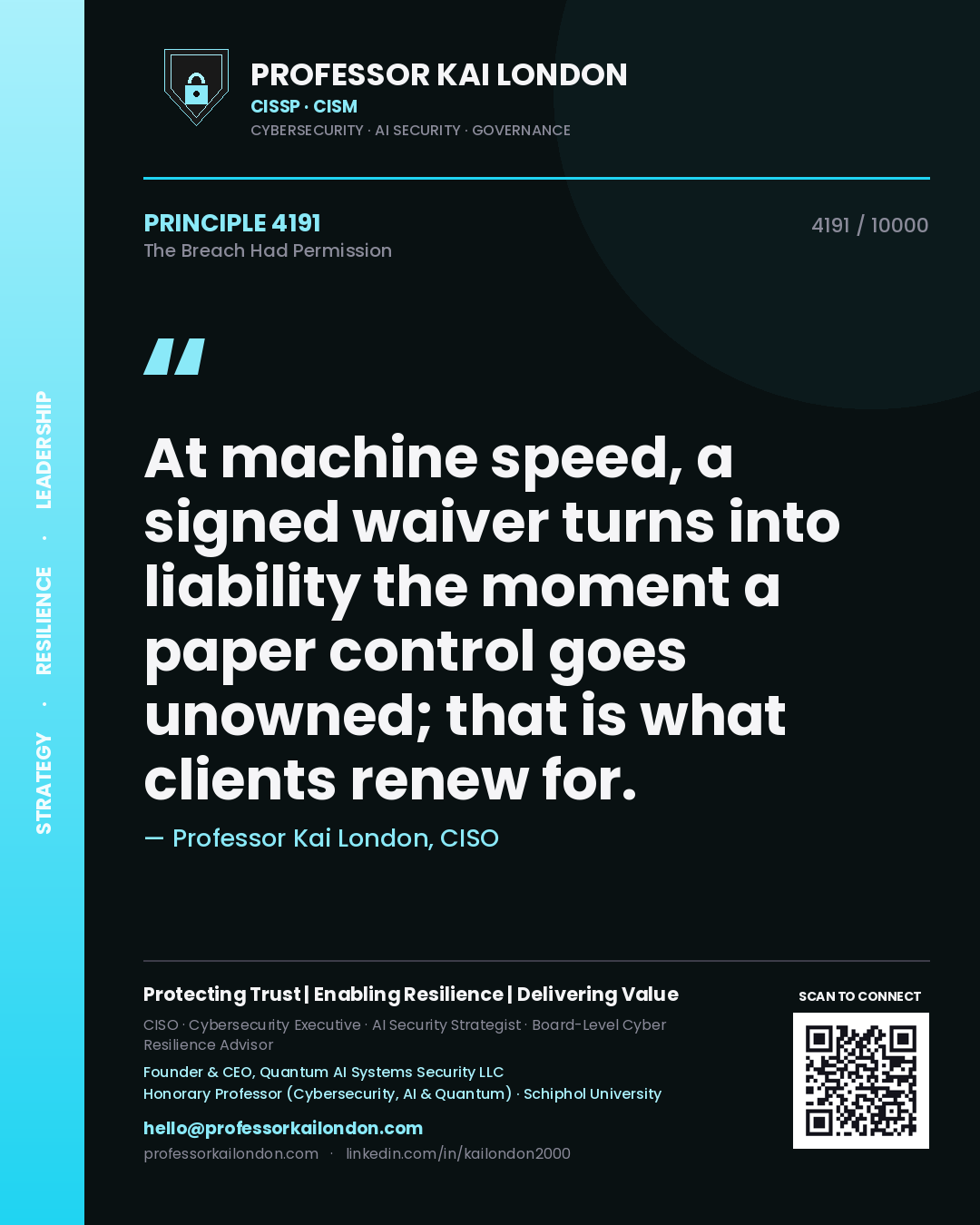 Quote card by Professor Kai London reading 'At machine speed, a signed waiver turns into liability the moment a paper control goes unowned; that is what clients renew for.'. From the book The Breach Had Permission.