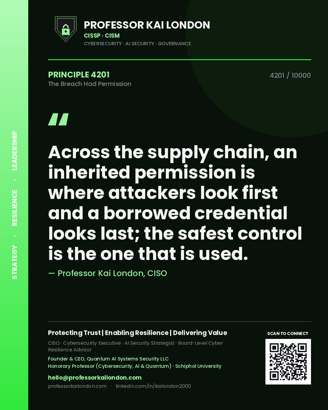 Quote card by Professor Kai London reading 'Across the supply chain, an inherited permission is where attackers look first and a borrowed credential looks last; the safest control is the one that is used.'. From the book The Breach Had Permission.