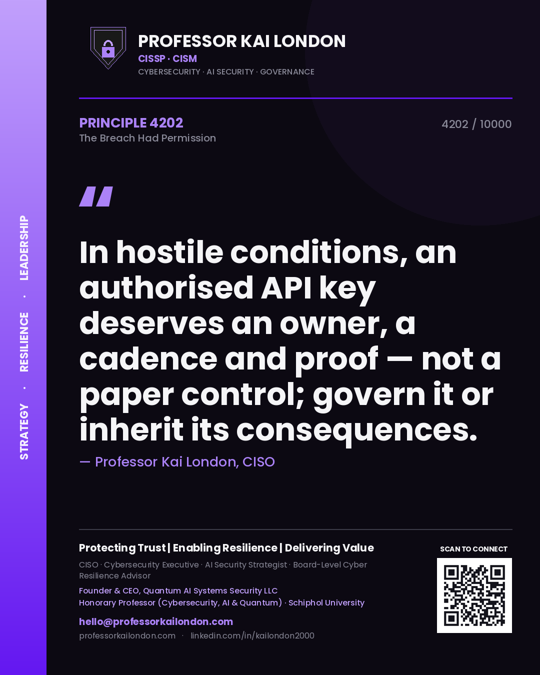 Quote card by Professor Kai London reading 'In hostile conditions, an authorised API key deserves an owner, a cadence and proof — not a paper control; govern it or inherit its consequences.'. From the book The Breach Had Permission.