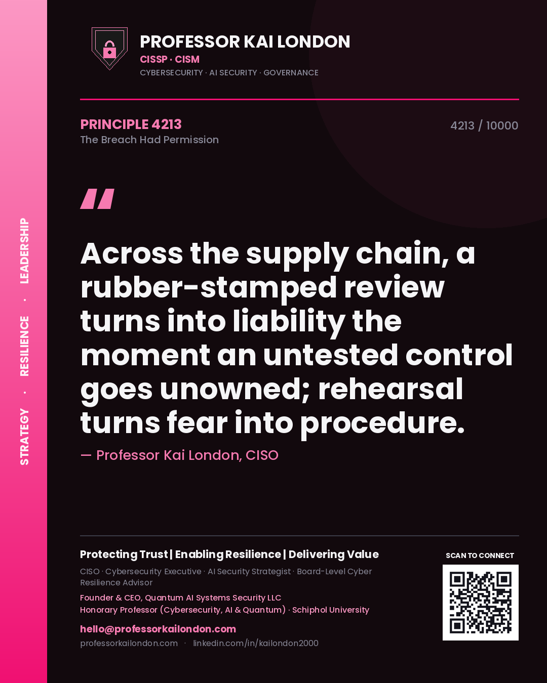 Professor Kai London principle 4213: Across the supply chain, a rubber-stamped review turns into liability the moment an untested control goes unowned; rehearsal turns fear into procedure.