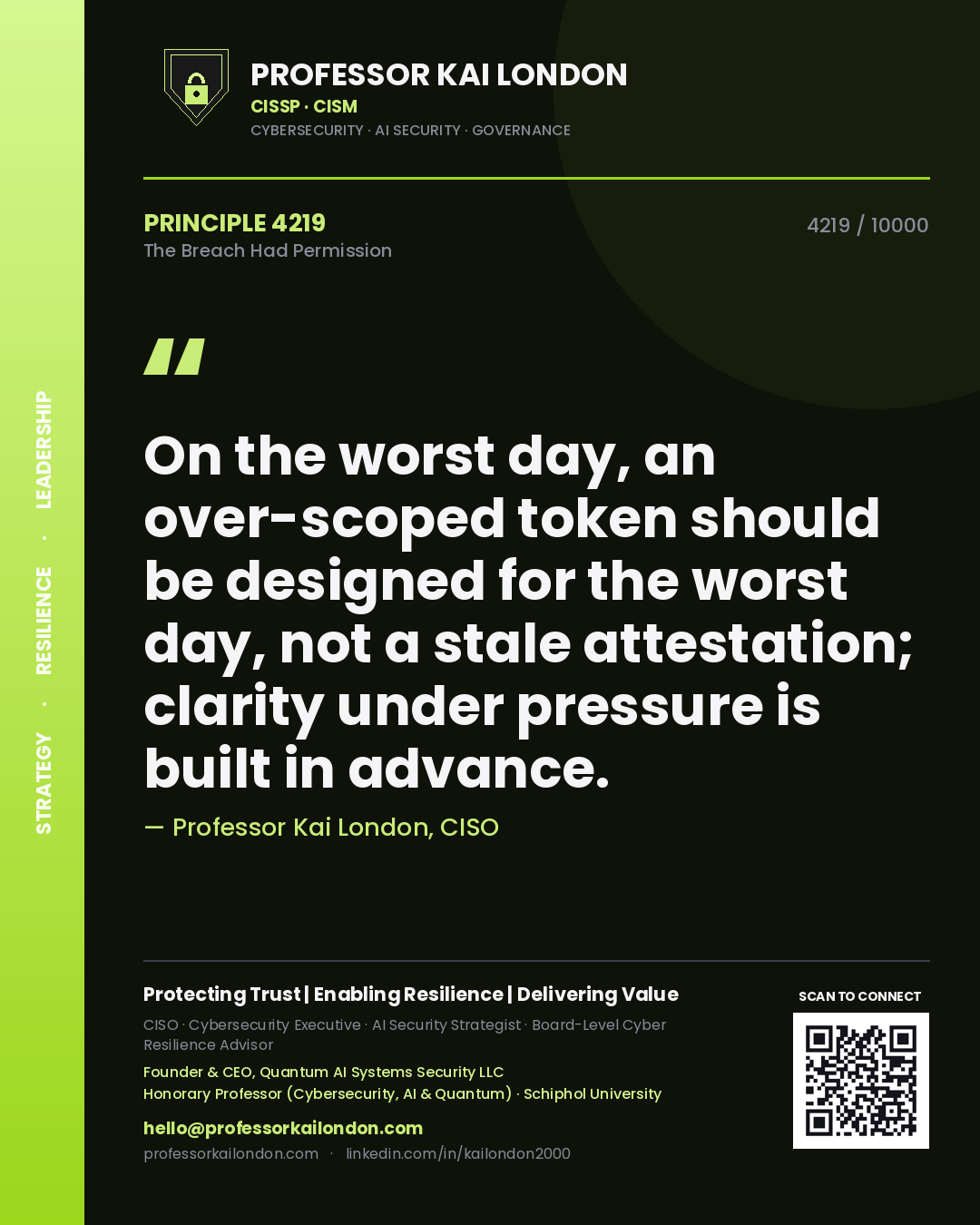Professor Kai London principle 4219: On the worst day, an over-scoped token should be designed for the worst day, not a stale attestation; clarity under pressure is built in advance.