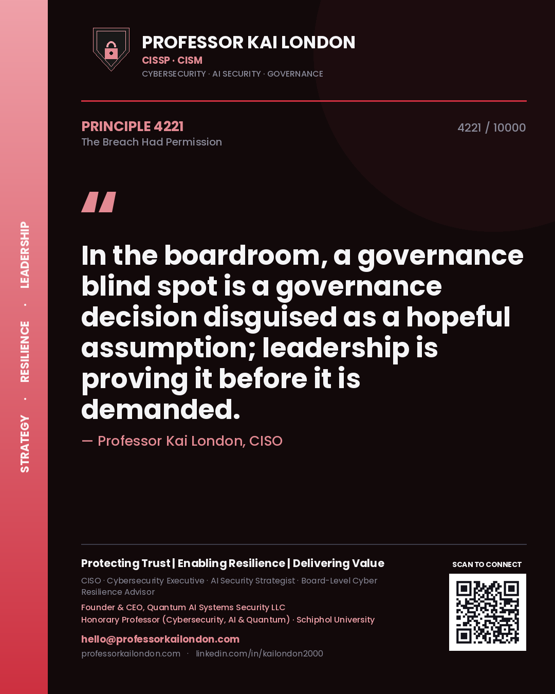 Professor Kai London principle 4221: In the boardroom, a governance blind spot is a governance decision disguised as a hopeful assumption; leadership is proving it before it is demanded.