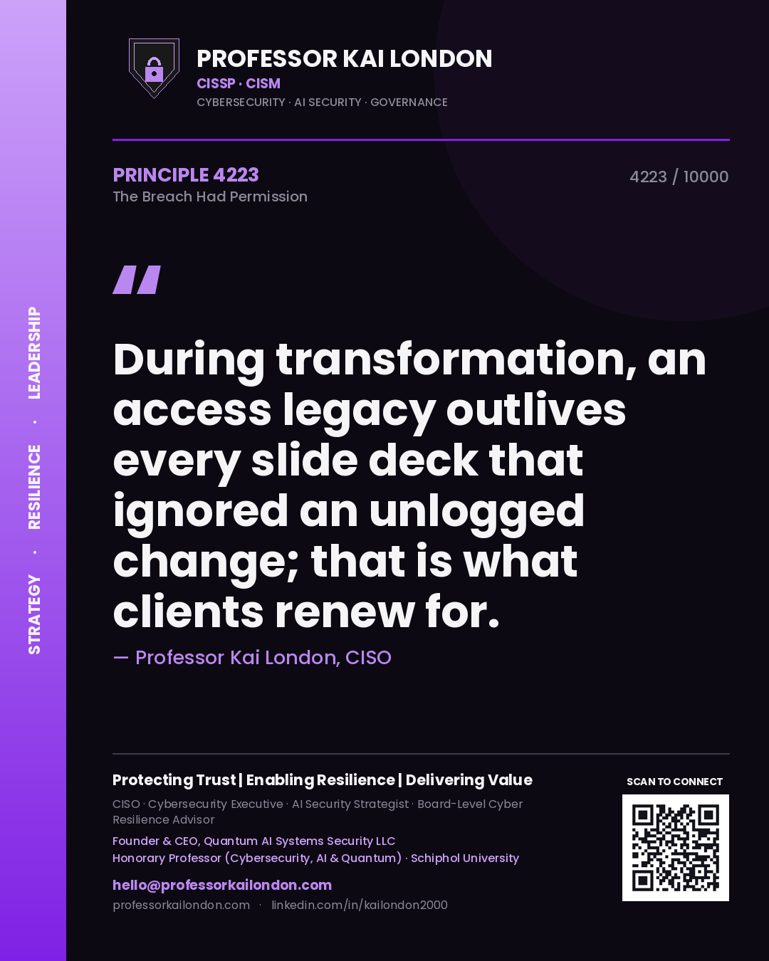 Quote card by Professor Kai London reading 'During transformation, an access legacy outlives every slide deck that ignored an unlogged change; that is what clients renew for.'. From the book The Breach Had Permission.