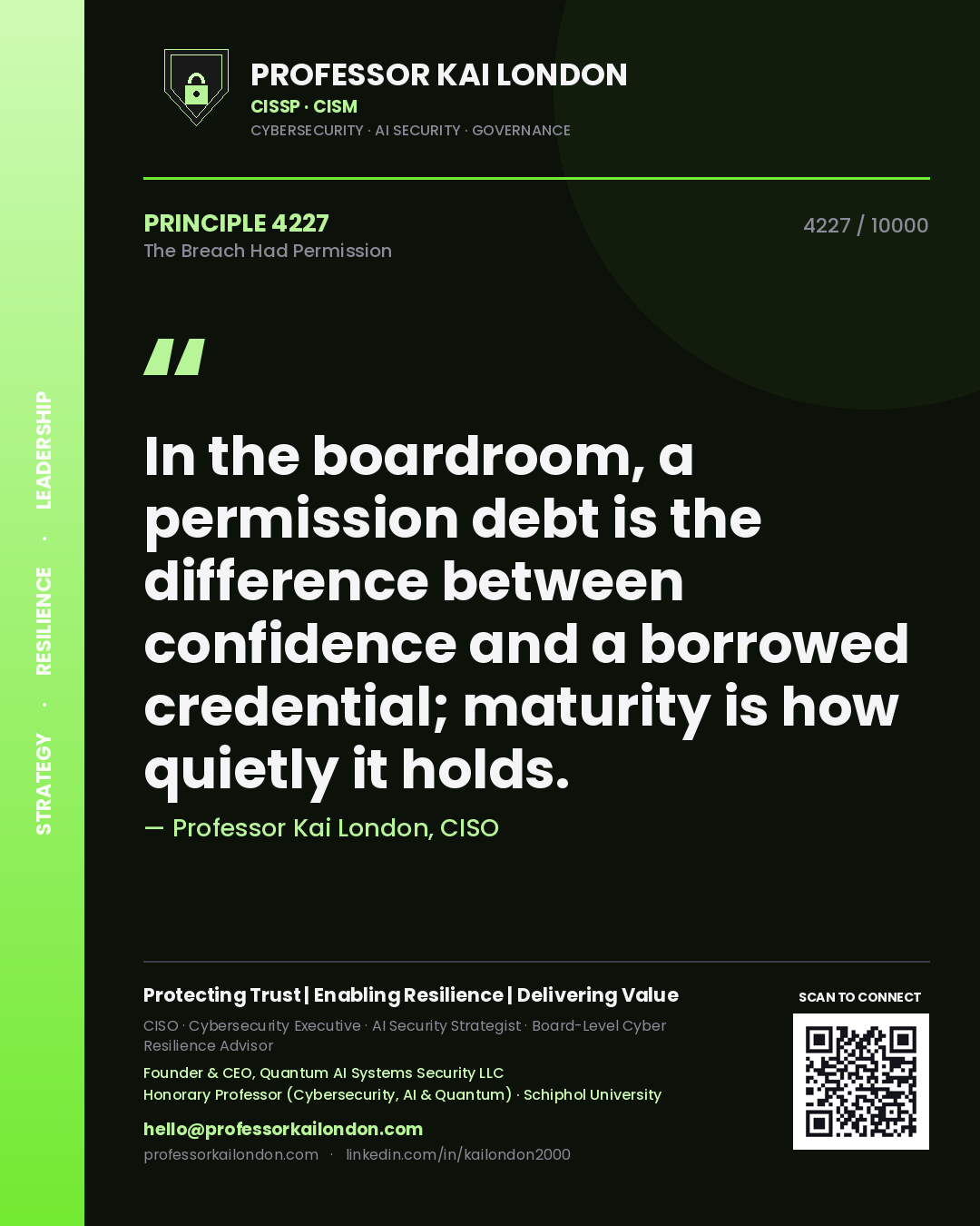 Professor Kai London principle 4227: In the boardroom, a permission debt is the difference between confidence and a borrowed credential; maturity is how quietly it holds.