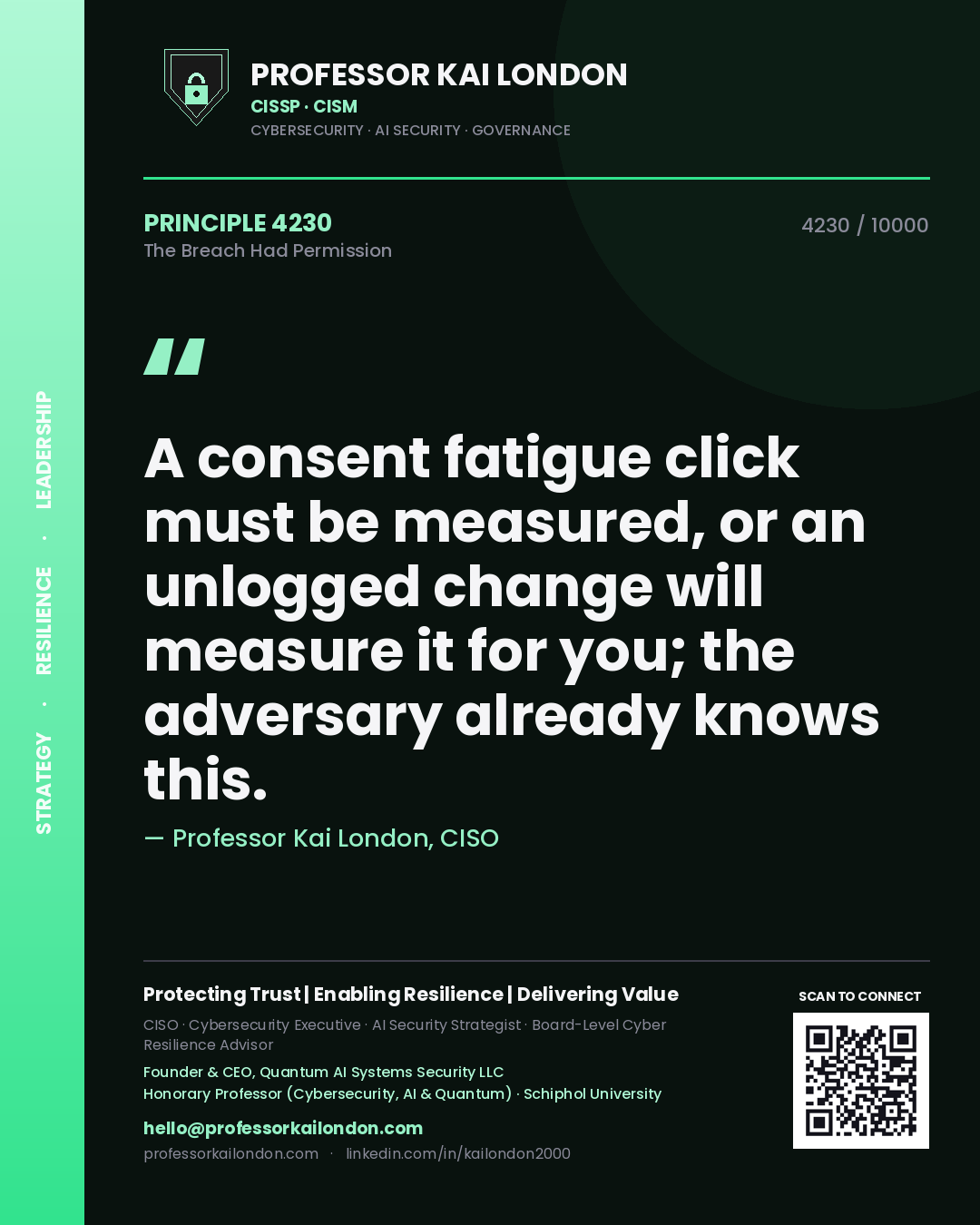 Professor Kai London principle 4230: A consent fatigue click must be measured, or an unlogged change will measure it for you; the adversary already knows this.
