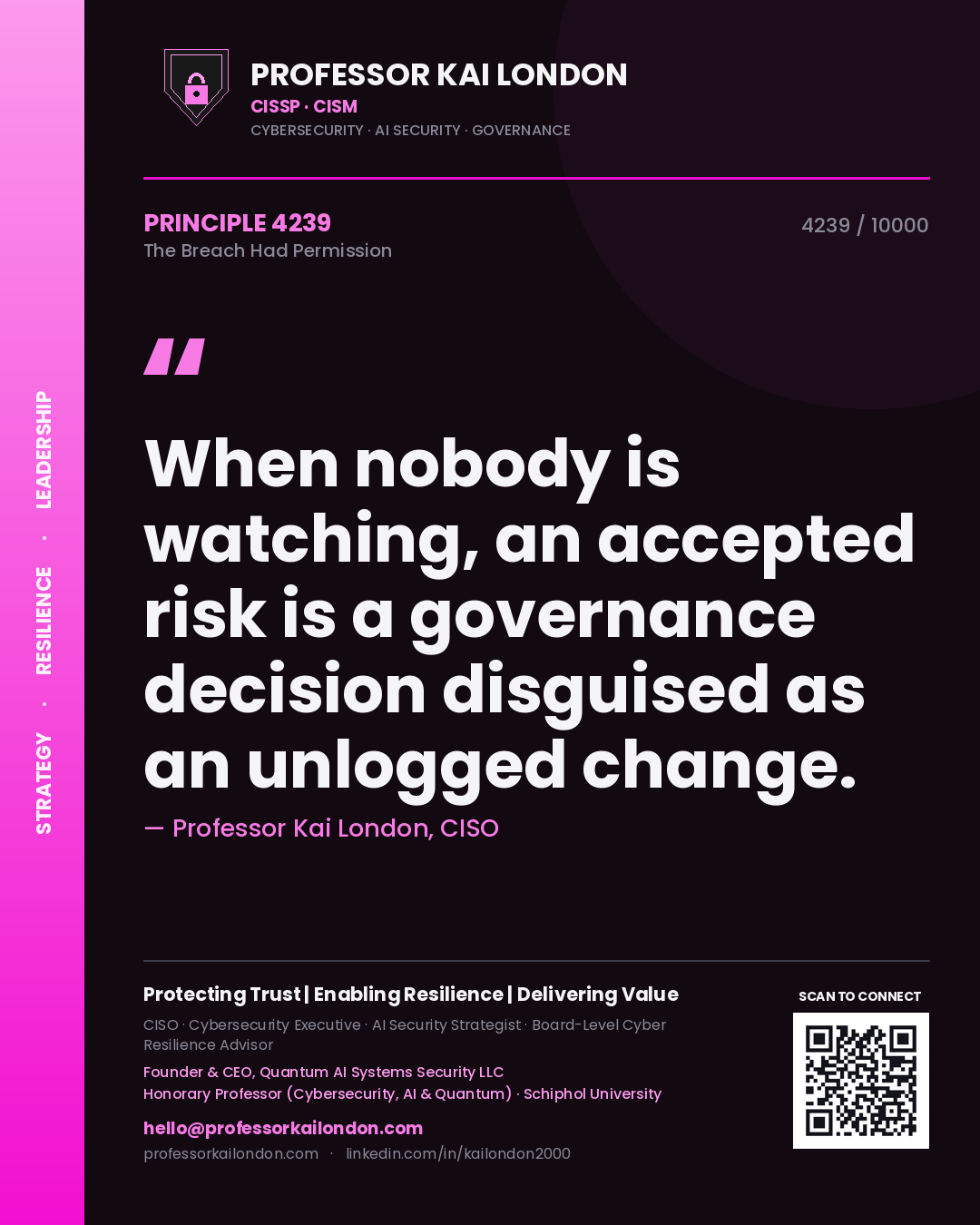 Professor Kai London principle 4239: When nobody is watching, an accepted risk is a governance decision disguised as an unlogged change.