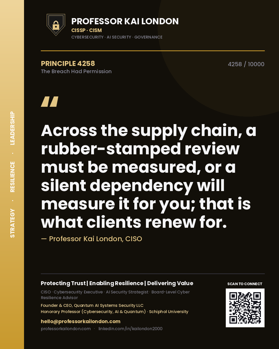 Quote card by Professor Kai London reading 'Across the supply chain, a rubber-stamped review must be measured, or a silent dependency will measure it for you; that is what clients renew for.'. From the book The Breach Had Permission.
