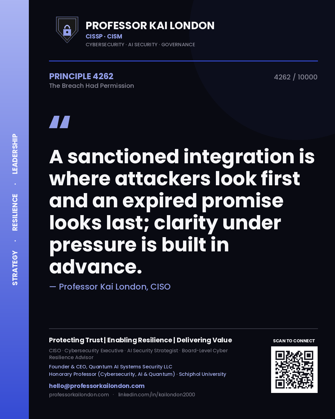 Quote card by Professor Kai London reading 'A sanctioned integration is where attackers look first and an expired promise looks last; clarity under pressure is built in advance.'. From the book The Breach Had Permission.