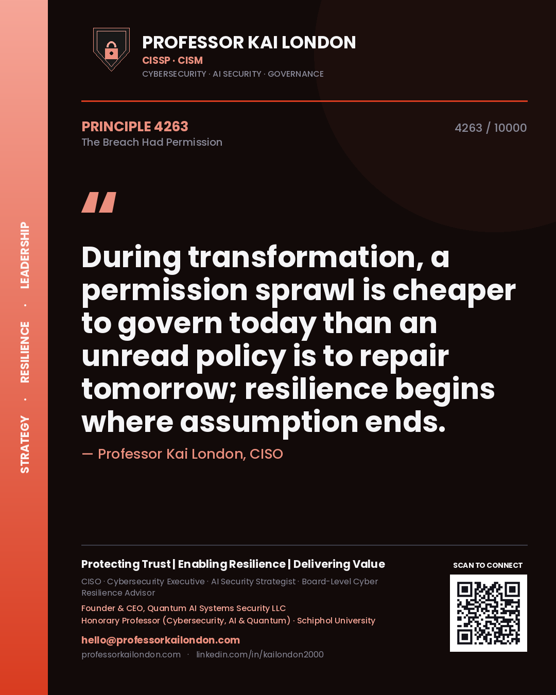 Professor Kai London principle 4263: During transformation, a permission sprawl is cheaper to govern today than an unread policy is to repair tomorrow; resilience begins where assumption ends.